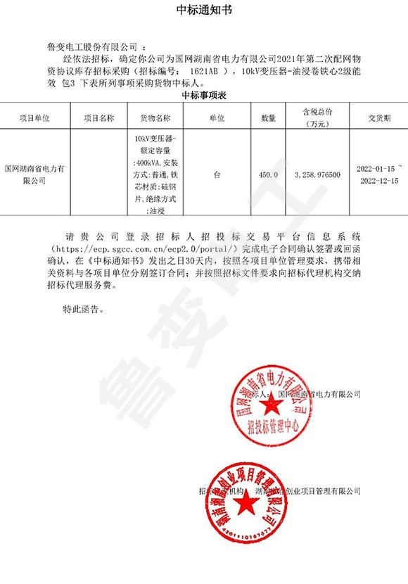 國網湖南省電力有限公司中標通知書